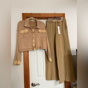 Woven Cotton Blend Crop Jacket & High-Waist Wide Leg Pants Set- Tan